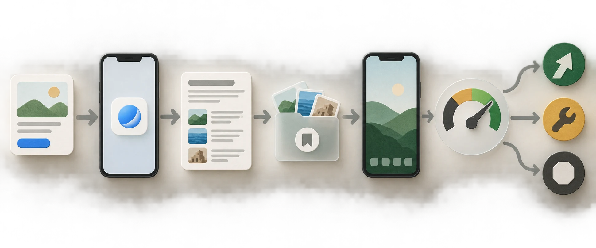 An illustrative workflow moves from an ad card through a phone, answer result, saved collection, later phone session, and measurement gauge to scale, repair, or stop outcomes.