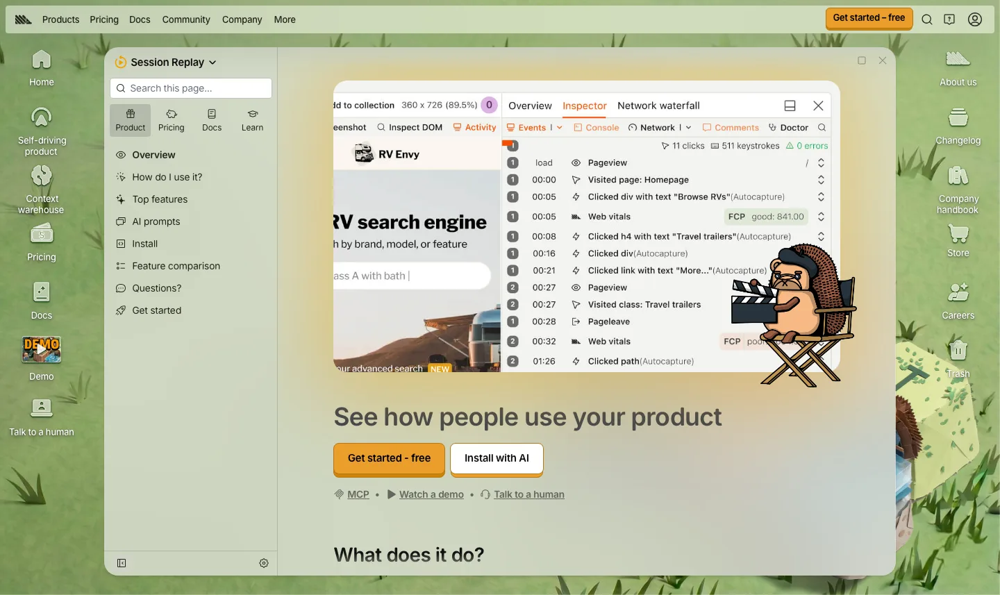PostHog public Session Replay page showing a sample recording beside an inspector with events and browser diagnostics.