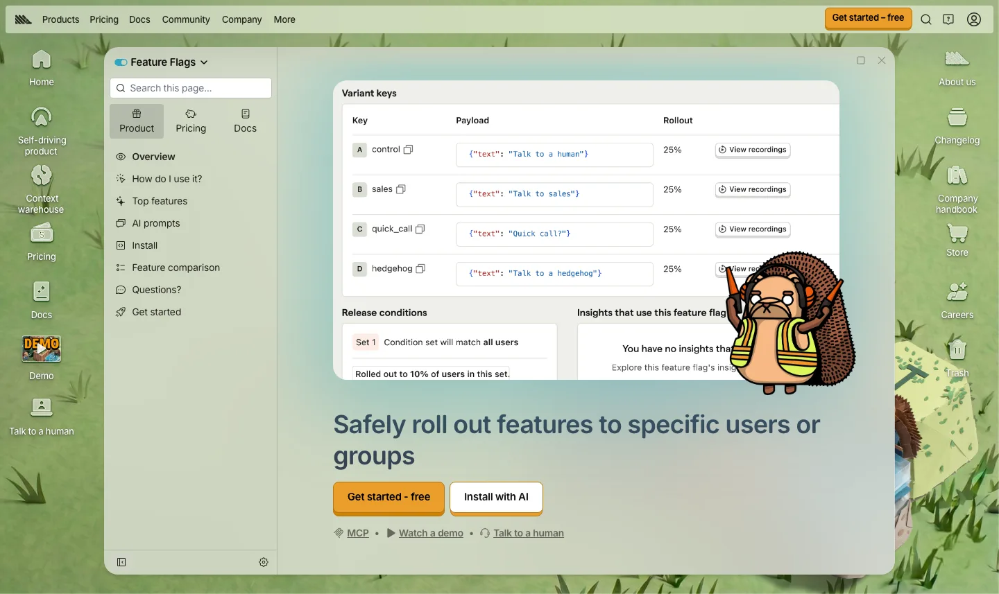 PostHog public Feature Flags page showing an illustrated flag interface and its release-control positioning.