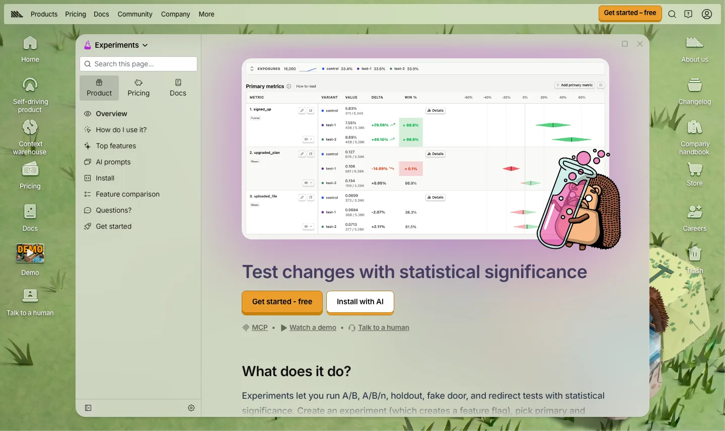 PostHog public Experiments page showing an illustrated experiment result surface.
