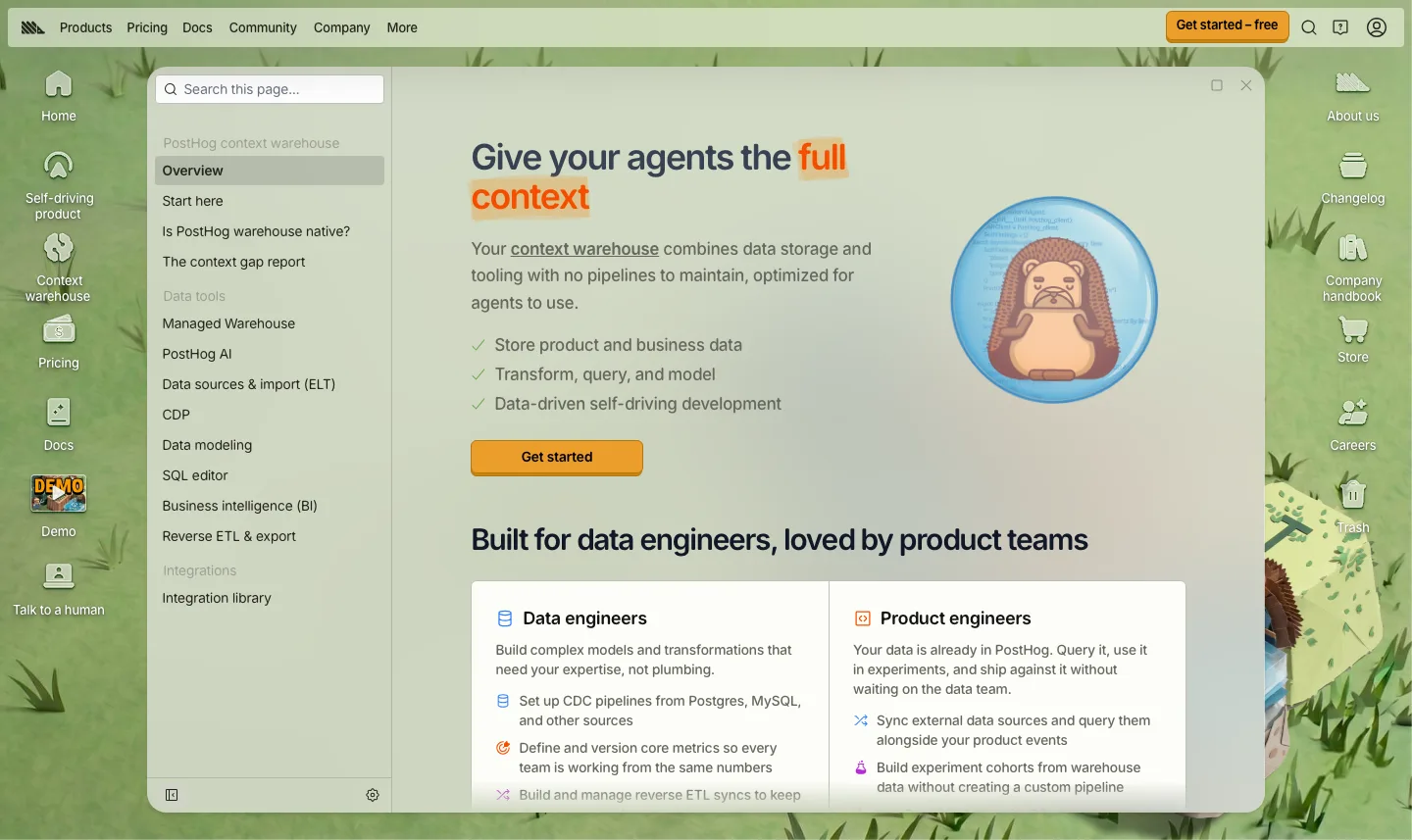 PostHog public Context Warehouse page showing its current data and AI context positioning.